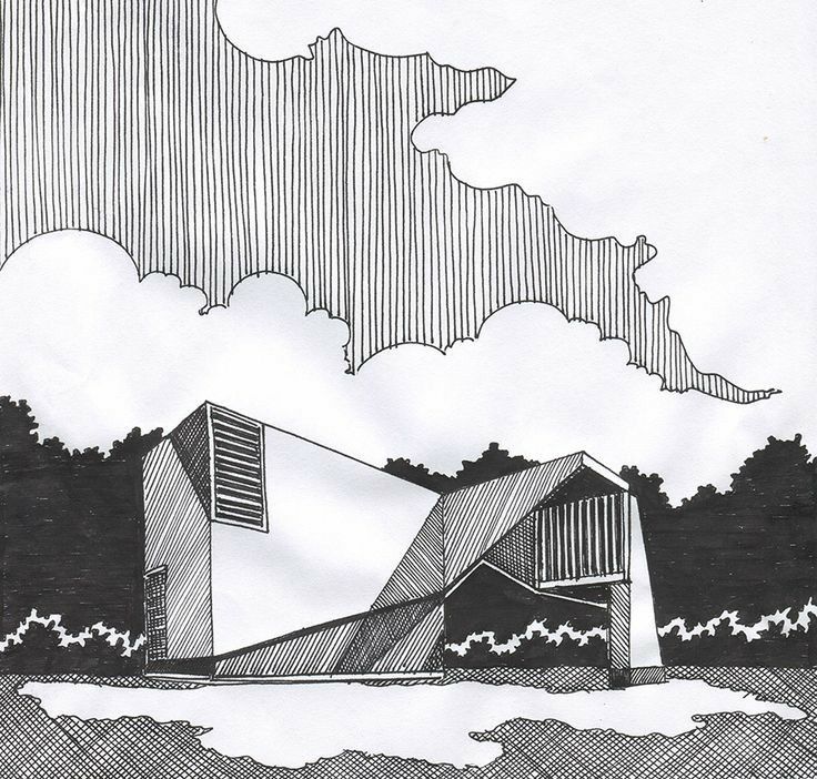 a black and white drawing of a building in the middle of water with clouds above it