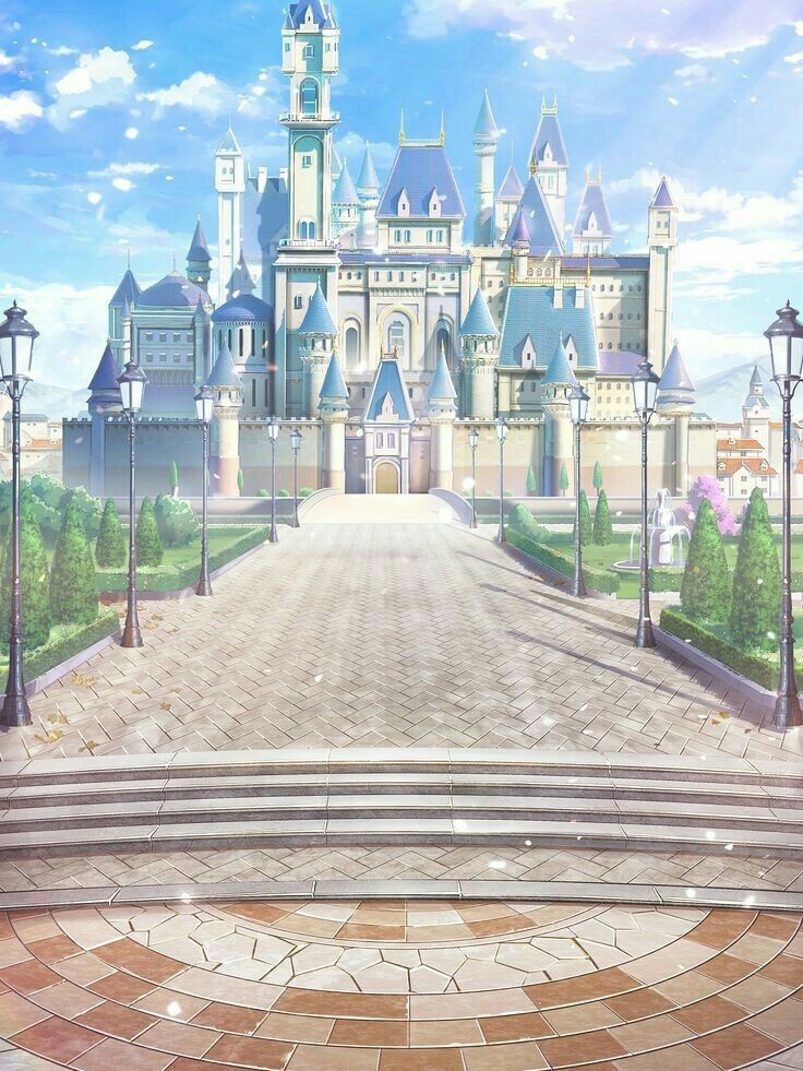 an anime scene with a castle in the background and steps leading up to it's entrance