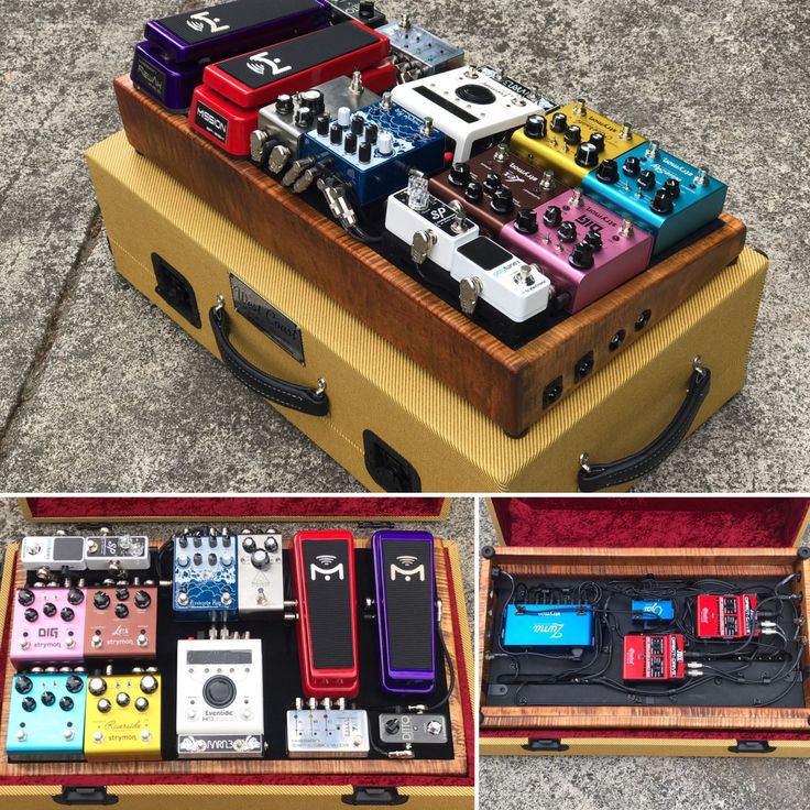 several different types of guitar pedals in an open case on the ground and below