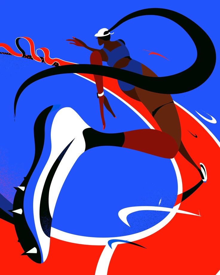 an abstract painting of a woman on a red, white and blue background with black lines