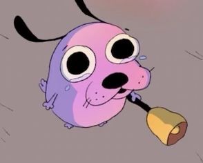 a cartoon dog with big eyes holding a bell