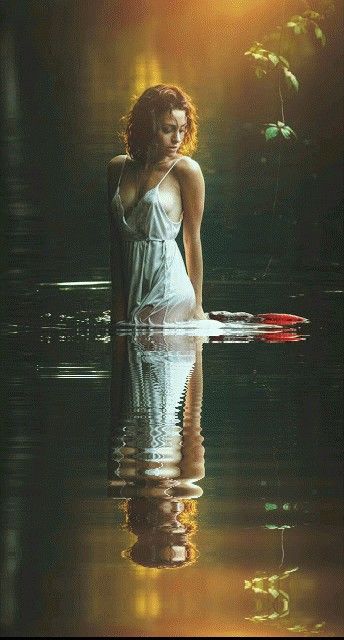 a woman is standing in the water with her reflection