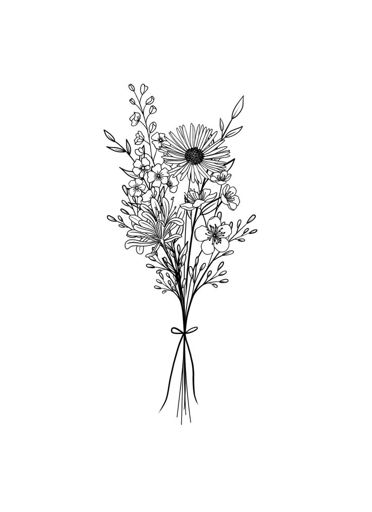 a black and white drawing of flowers on a white background