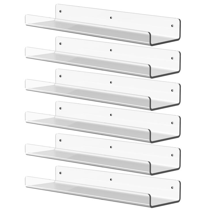 four white shelves with clear glass dividers on each side and one shelf above the other