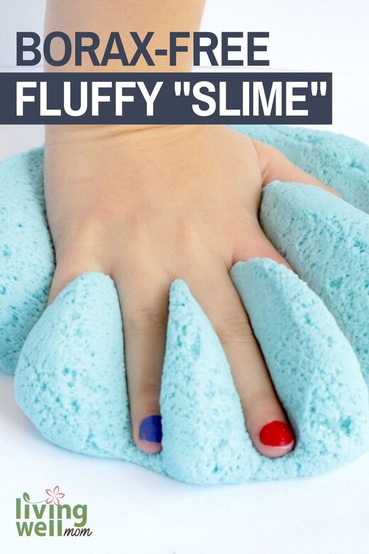 a woman's foot with blue and red nail polish on it, next to the words borax - free fluffy slime