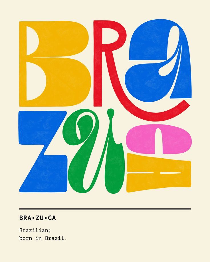 the words bra - zu - ca are painted in different colors and shapes, including letters that appear to be multicolored