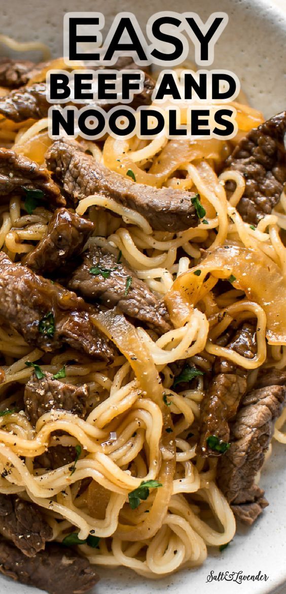 beef and noodles in a white bowl with parmesan cheese on the side, text overlay says easy beef and noodles