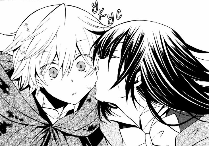 two anime characters kissing each other in black and white