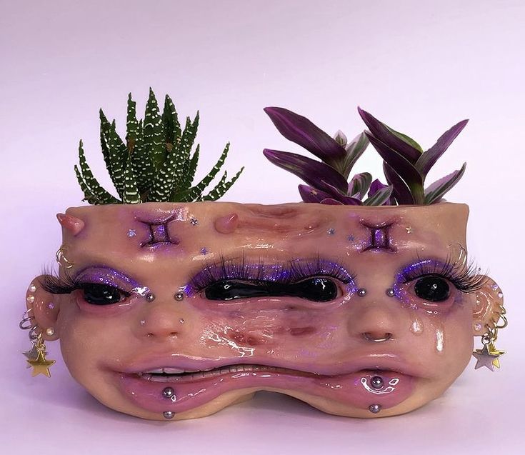 a planter that has been made to look like a face with eyes and eyelashes