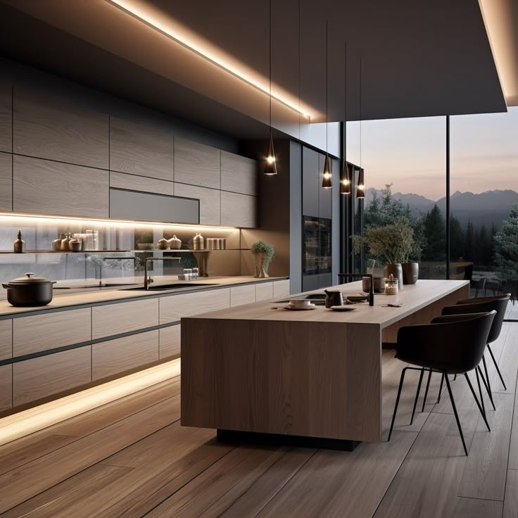 a modern kitchen with wooden floors and large windows overlooking the mountains at sunset or dawn