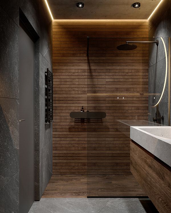 a modern bathroom with wooden walls and flooring