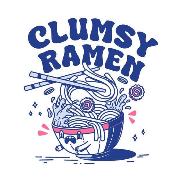 a bowl of noodles with chopsticks in it and the words clumsy ramen