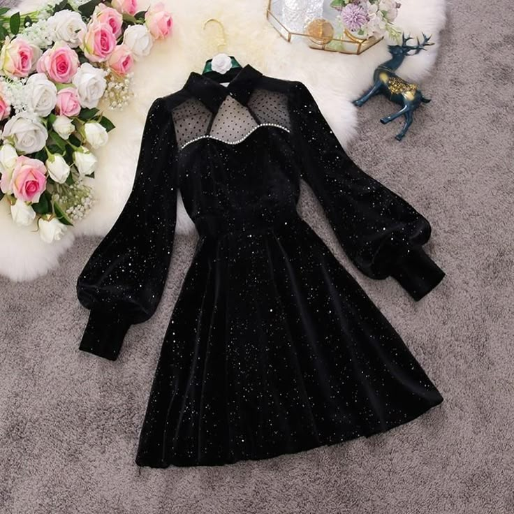 Starry Night Navy Blue Long Sleeve Princess Party Dress MK16338 - mkkawaiishop Elegant Dresses Short, Sparkle Mini Dress, Sparkly Prom Dress, Style Kawaii, Elegant Party Dresses, Party Dress Long Sleeve, Black Velvet Dress, Vestidos Vintage, Kawaii Fashion