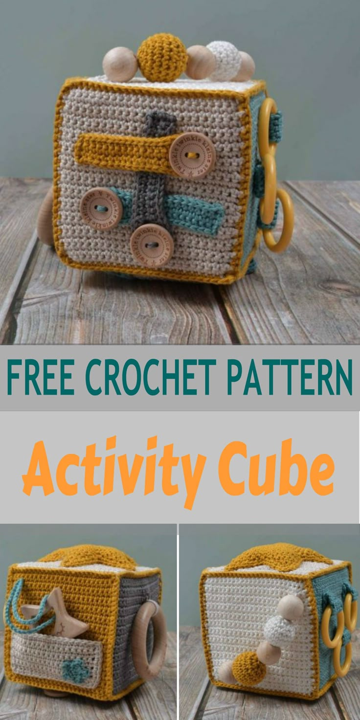 the crochet pattern is shown with instructions to make an activity cube for children