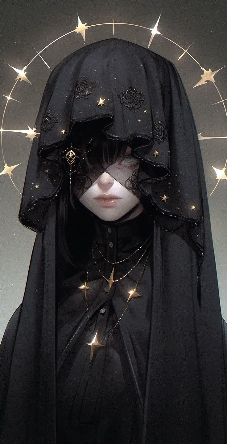 a woman wearing a black veil with stars on her head and hood over her face