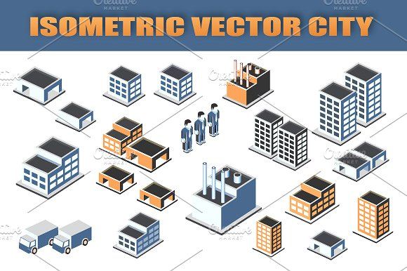 an illustrated set of buildings and skyscrapers in the style of low polygonics