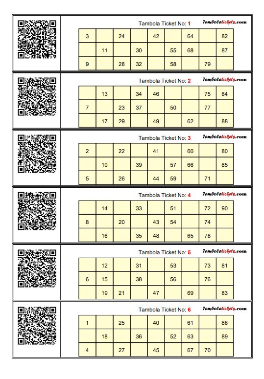 the printable table is shown with numbers and qr codes for each item