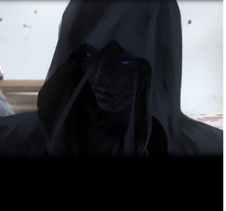 a person in a black cloak with purple eyes looking at the camera while sitting down