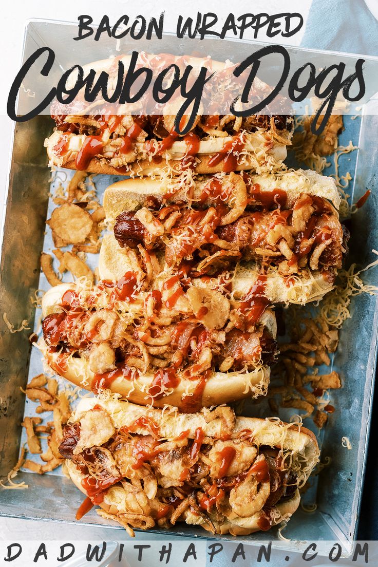 bacon wrapped cowboy dogs on a baking sheet with text overlay that reads bacon wrapped cowboy dogs