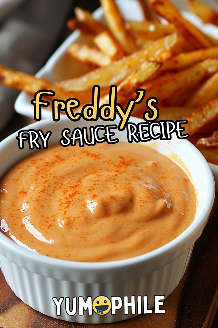 a bowl of fries with sauce in it and the words friedy's fry sauce recipe