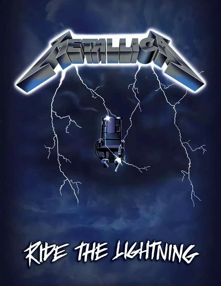 metallic ride the lightning poster on a blue background with clouds and lightnings in the sky