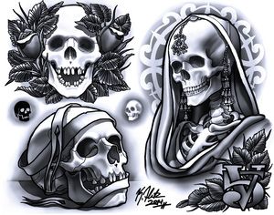 two skulls with long hair and flowers on their heads are shown in this tattoo design