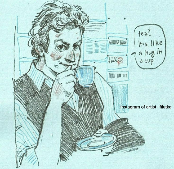 a drawing of a man sitting at a table with a cup in front of him