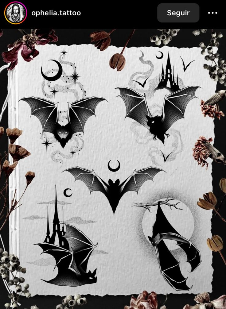 some bats and flowers on a sheet of paper with watermarking in the middle