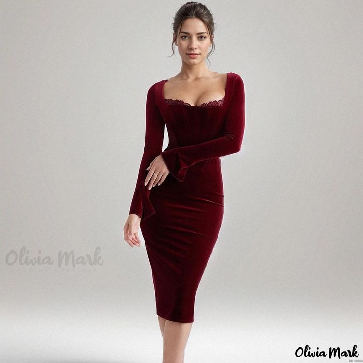 Olivia Mark - Elegant Lace Trimmed Square Neck Long Sleeve Bodycon Velvet Corset Midi Dress Red Velvet Bodycon Dress, Pink Short Sleeve Prom Dress, Burgundy Dress Bodycon, Body Con Dress Formal, Red Velvet Dress Outfit, Upcycling Dress, Red Velvet Dresses, Burgundy Dress Outfit, Velvet Red Dress