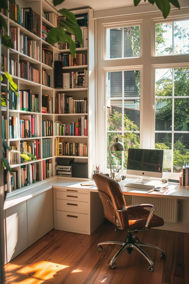 a home office with lots of bookshelves and a desk in front of the window