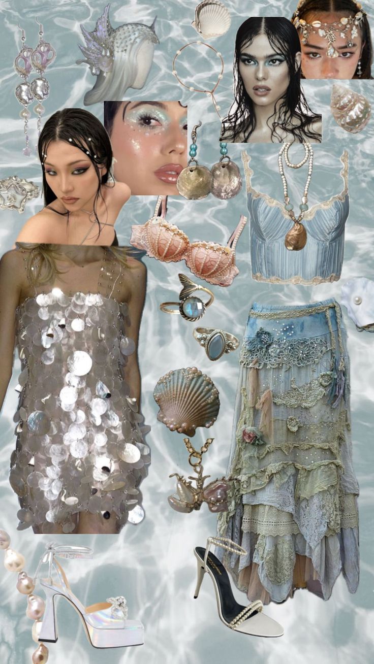 a collage of women's clothing and accessories floating in the water with shells