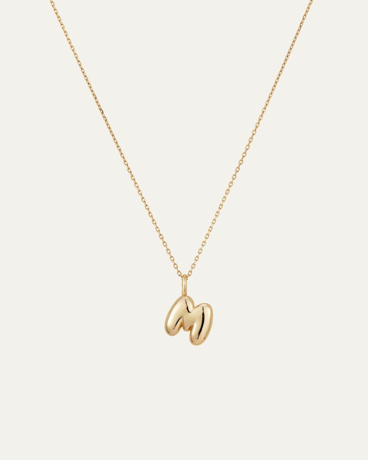 A small, 14K gold removeable pendant glides along a 14K gold, diamond cut cable chain. These instant heirlooms are slow-crafted from recycled 14K gold and make the perfect gift—for you or them. Wear your favorite letter around your neck and add a personalized touch to your chain stack. This design includes a shortening ring, making it easy to adjust and wear at 16.5" or 18". 14K recycled yellow golddiamond cut cable chainspring ring claspfinish: high polish product measurements:chain length: 41. Bubble Letter Necklace Gold, Valentine's Jewellery, Shuffle Outfit, Chain Stack, Bubble Letter Necklace, 14kt Gold Jewelry, Jewelry Stack, M Jewelry, M Necklace