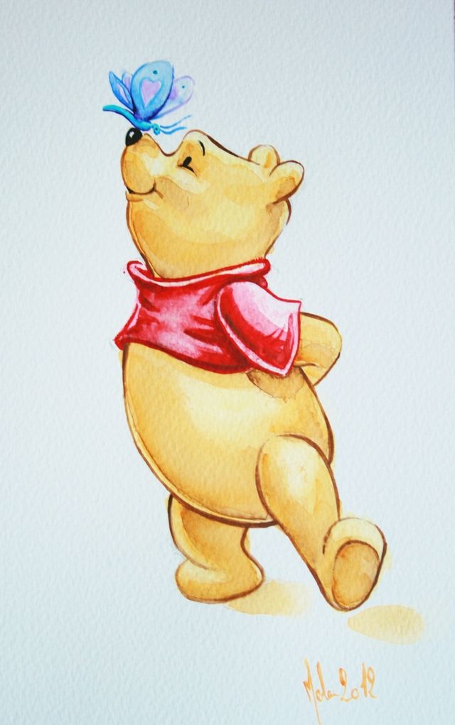 a drawing of a winnie the pooh bear with a blue bow on it's head