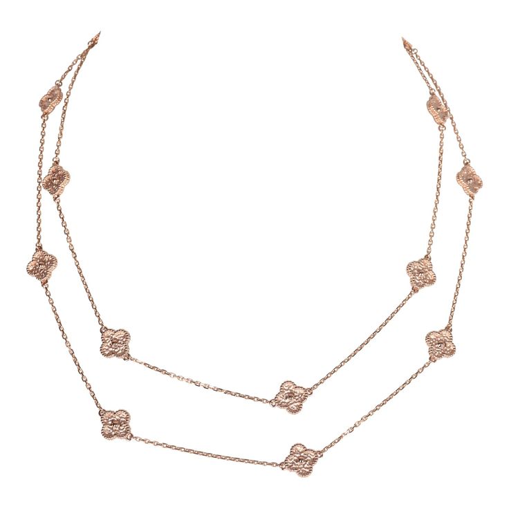 This Van Cleef & Arpels Sweet Alhambra 16 Motif long necklace has sixteen 18K rose gold clover motifs and a hallmark lobster clasp closure.Origin: FranceCondition: New and never wornAccompanied by: VCA shopping bag, VCA gift box, VCA green jewelry box, carebook, ribbon, authenticity cardMeasurements: Necklace length 32"; Motif: .3' x .3", Necklace Drop: 14.5" Van Cleef Necklace, Authentic Vans, Hermes Birkin 25, Van Cleef And Arpels, Necklace Rose Gold, Green Jewelry, Birkin 25, Necklace Rose, Rose Gold Hardware