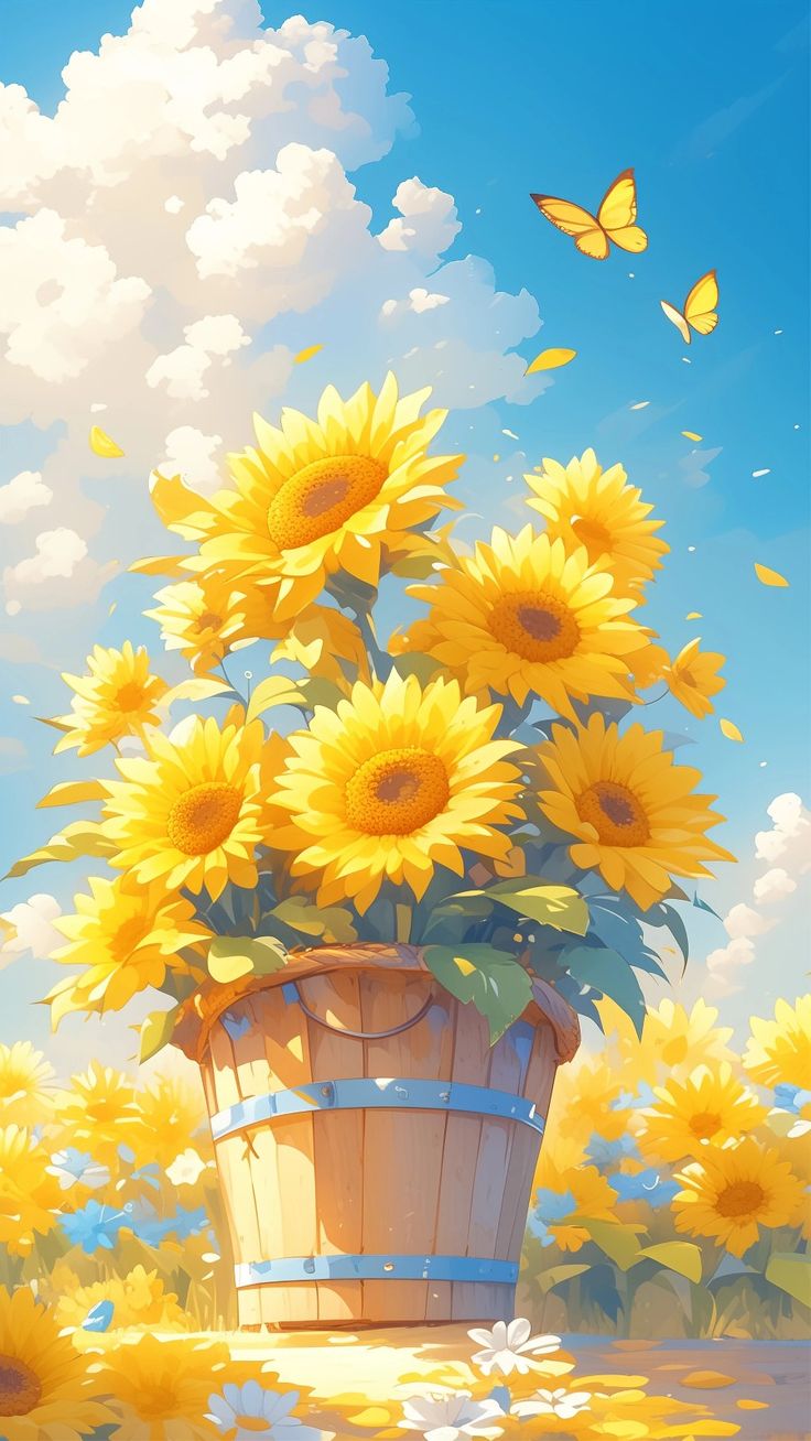 a painting of sunflowers in a basket with butterflies flying above it on a sunny day