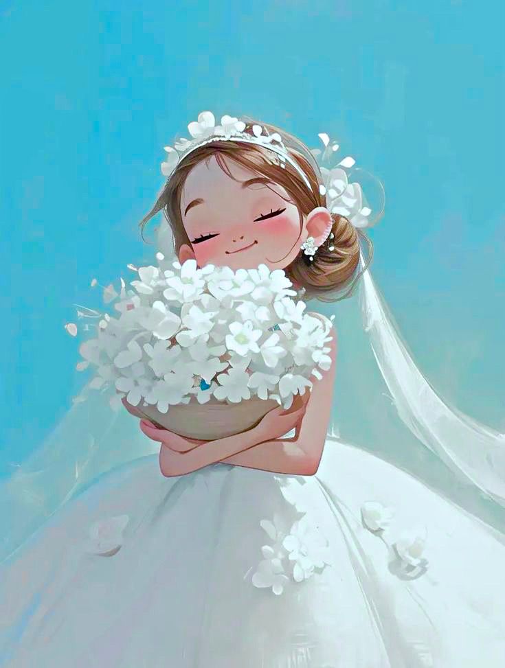 a painting of a girl in a wedding dress with flowers on her head holding a bouquet