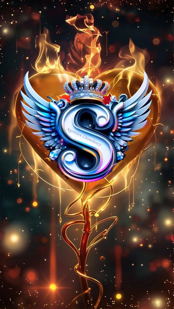 the letter s with wings and a crown on it is surrounded by fire, stars and sparkles