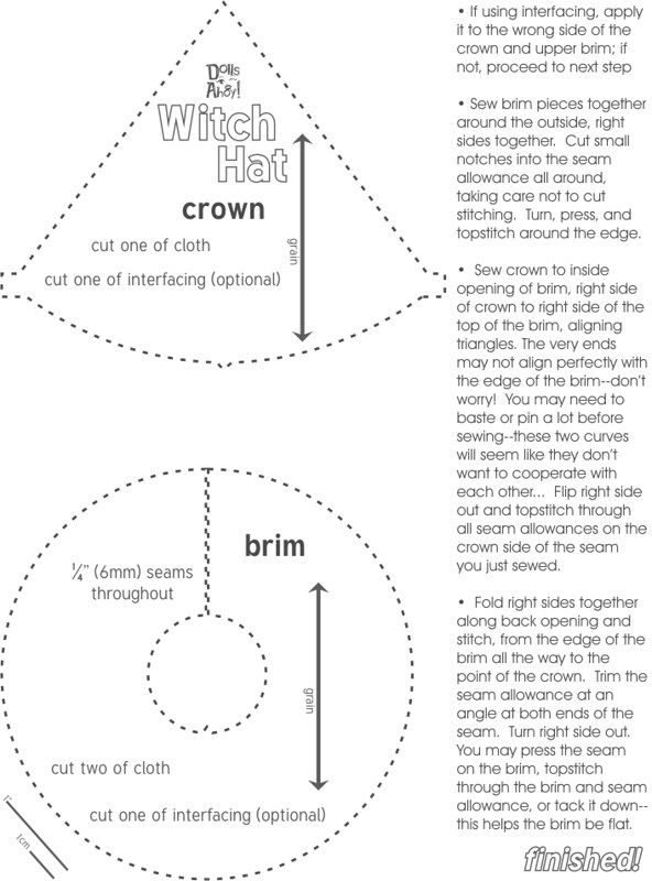 the witch hat is shown with instructions for how to sew it and how to cut it