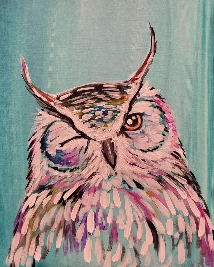 an owl painting on a blue background with white and pink feathers, eyes wide open