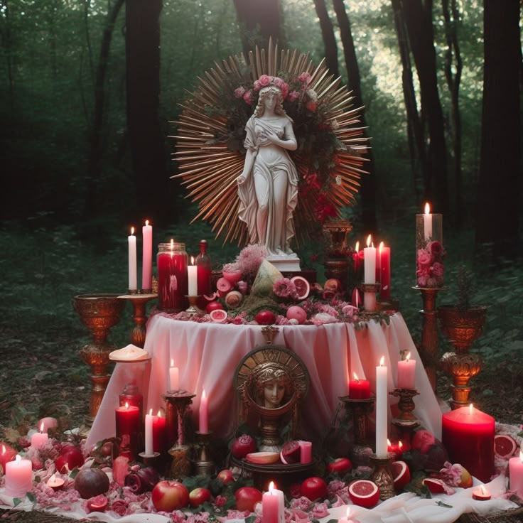 a table topped with candles and a statue surrounded by other items in the woods behind it