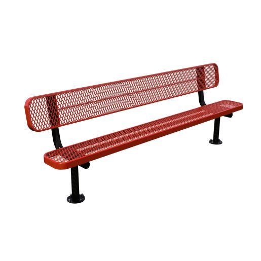 a red park bench sitting on top of a metal frame