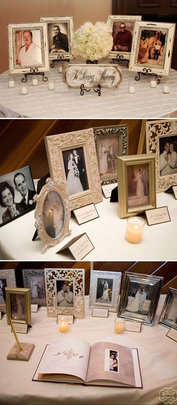 two pictures with frames and candles on a table next to an open photo album, which is decorated with wedding photos