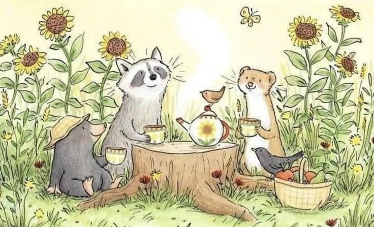 two raccoons are having tea in the sunflowers