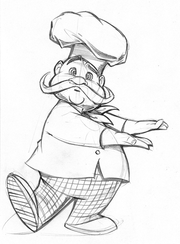 a black and white drawing of a cartoon character wearing a chef's hat with his arms outstretched