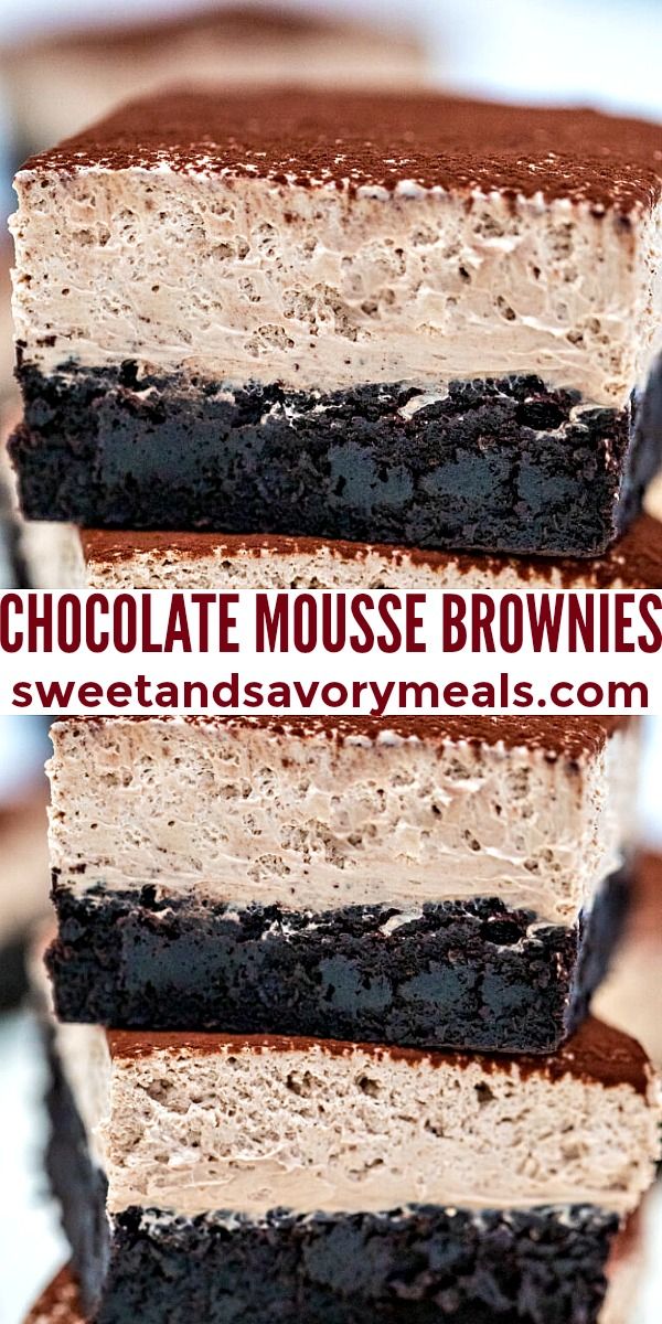 chocolate mousse brownies stacked on top of each other with text overlay