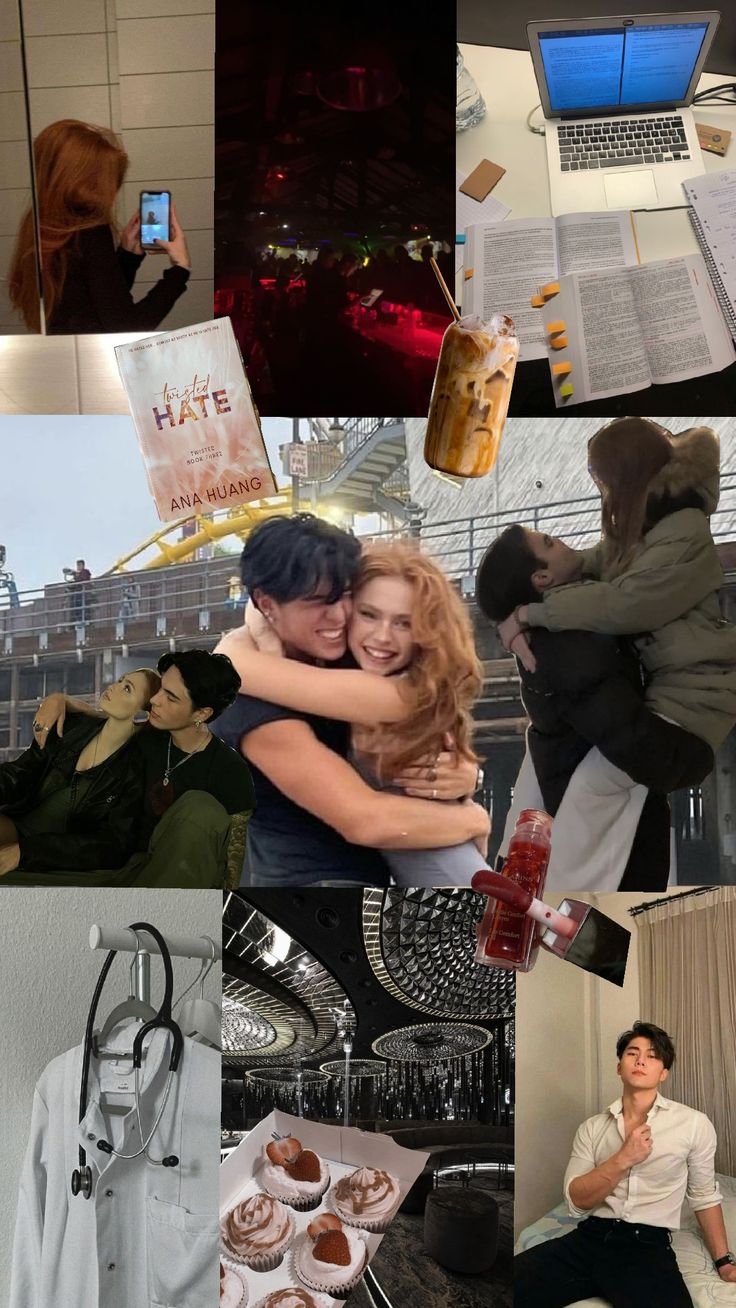 collage of photos with people, books and laptops in the middle one is holding a woman's head