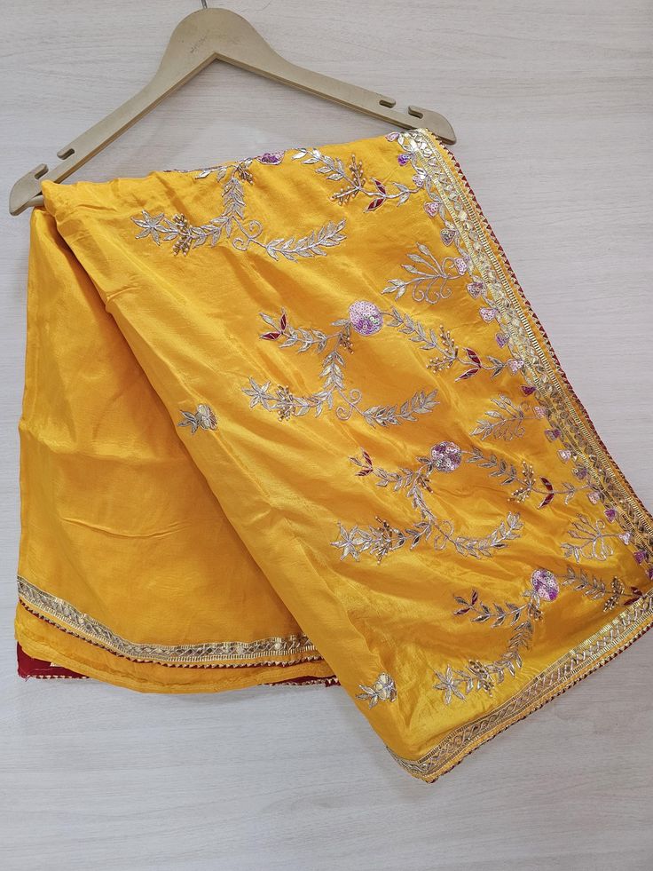 Indian Handmade Gotta Patti Jaipur Yellow Silk  Saree, Unique Design Saree, Yellow Color Silk Saree Pallu Designer. This Saree Can be used by any women or girl of any age group. Soft feel Saree, Attractive look, Fashion wear. This Saree Style is Traditional Unique and Pretty, add Charm to your dashing look. A beautiful Saree for gift. Item Details : Upaada Silk Fabric Saree: Upaada Silk Fabric Length: 6.5 metres Work: Handmade Gotta Patti Work Care: Please do Dry Wash only. Please don't do Iron Semi-stitched Traditional Wear For Celebration, Traditional Semi-stitched Blouse Piece With Gota Work, Semi-stitched Chinon Choli For Celebration, Unstitched Choli For Diwali Celebrations, Wedding Saree In Katan Silk With Gota Work, Festive Embroidered Dupatta For Celebration, Festive Embroidered Celebration Dupatta, Unstitched Katan Silk Traditional Wear With Gota Work, Festive Raw Silk Saree With Dori Work