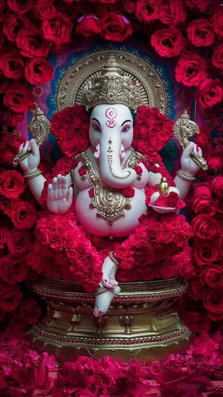 the statue of ganesh is surrounded by red flowers