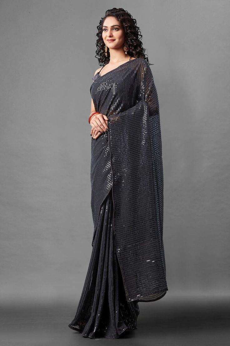 Attrective Look This Pretty Elegant Looking Designer Party Wear Saree In Black Color Paired With Blouse. This Saree Are Georgette And Blouse Are Banglori Silk Based With Designer Sequence Embroidery Work Beautified Saree. Buy Now.Product Features:  Saree Color: Black Blouse Color: Black Saree Fabric: Georgette Blouse Fabric: Banglori Silk Style Name: Designer Work: Sequence Embroidery, Piping Border Occasion: Partywear Size: Saree Length:-5.5 M Blouse Length:-0.80 M Wash Care: Dry Clean Disclaim Designer Party Wear Saree, Fashion Photoshoot Ideas, Saree In Black, One Minute Saree, Sequin Saree, Reception Sarees, Grey Saree, Mirror Work Saree, Peach Saree