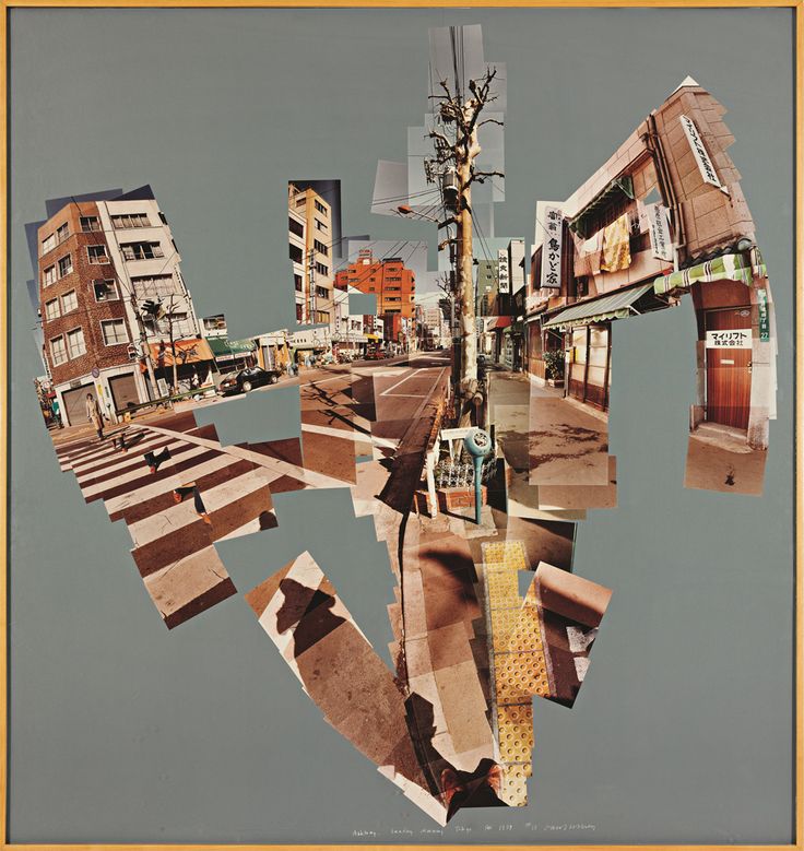 an abstract collage of buildings and street signs